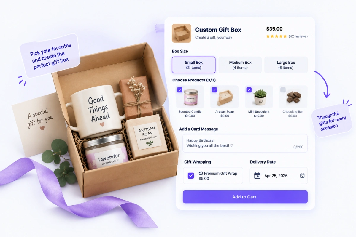 WooCommerce gift box product page where conditional logic changes the number of selectable products based on box size