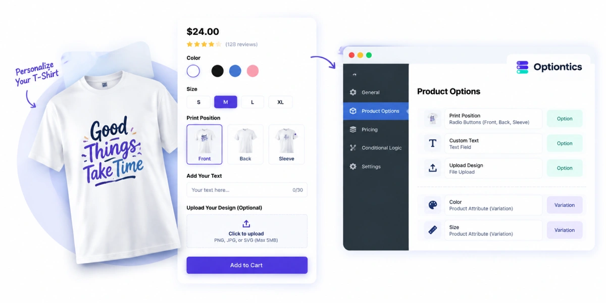 WooCommerce T-shirt product page using variations for size and colour and custom product options for name and artwork upload