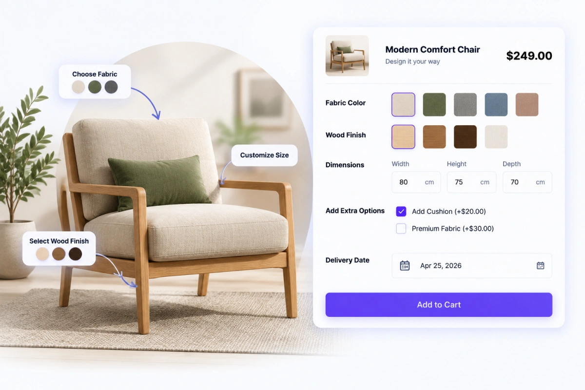 WooCommerce furniture product page using number fields for dimensions and formula-based pricing