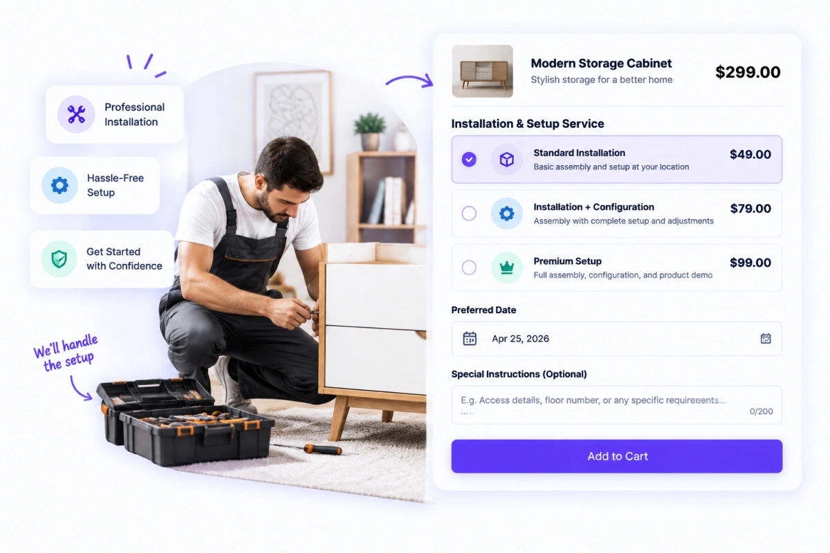 WooCommerce product page with an installation service checkbox and a date picker