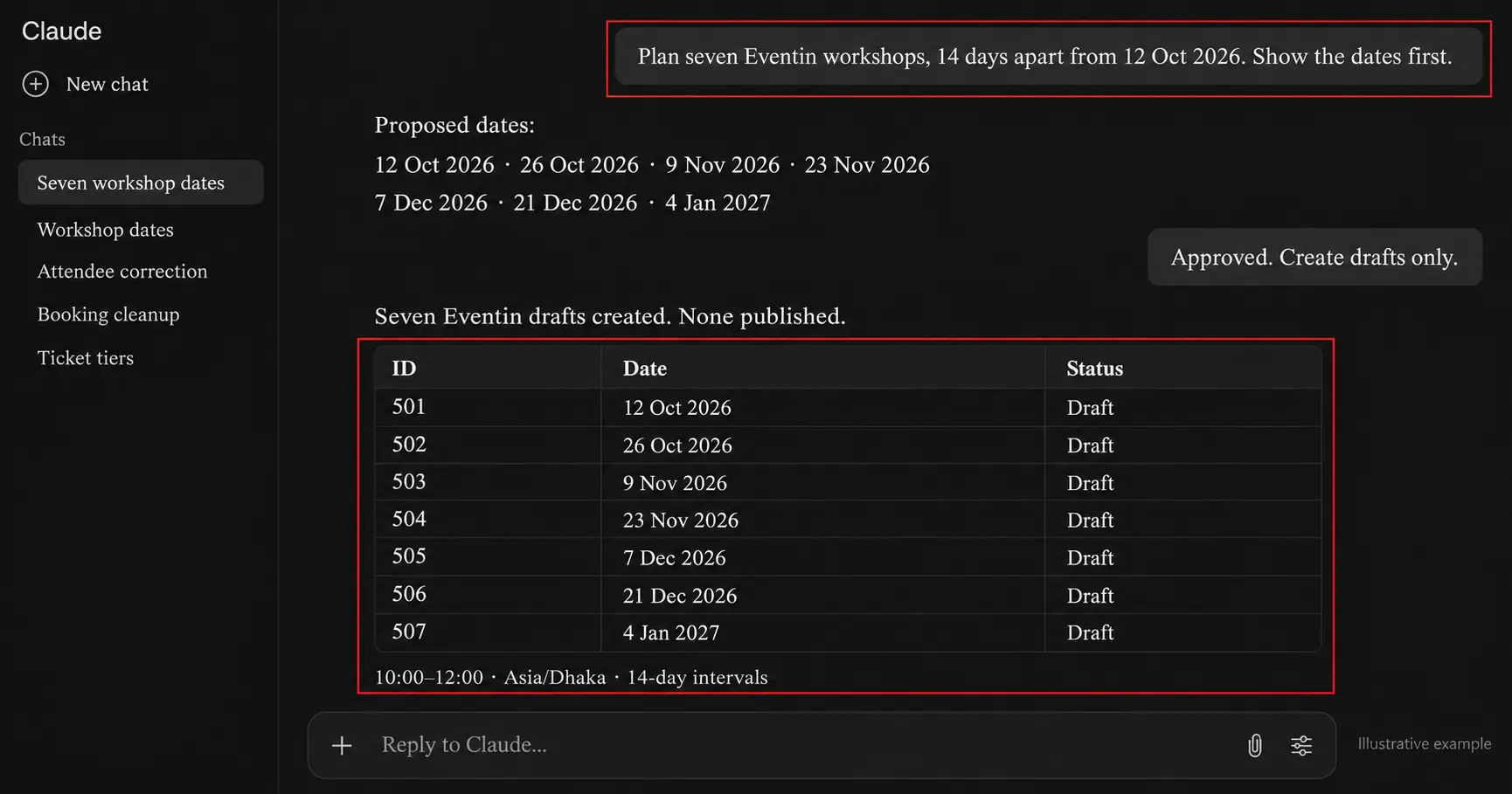 AI assistant listing seven workshop dates for approval before creating Eventin events